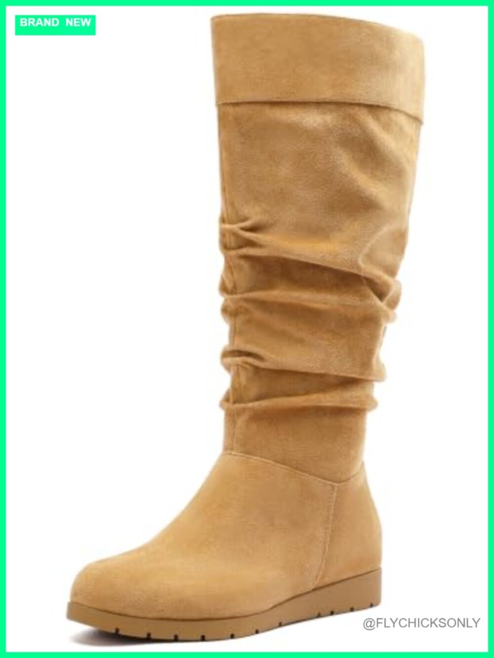 Wide Calf Knee High Boots Faux Suede Slouchy Wedge Zip Round Toe Women's